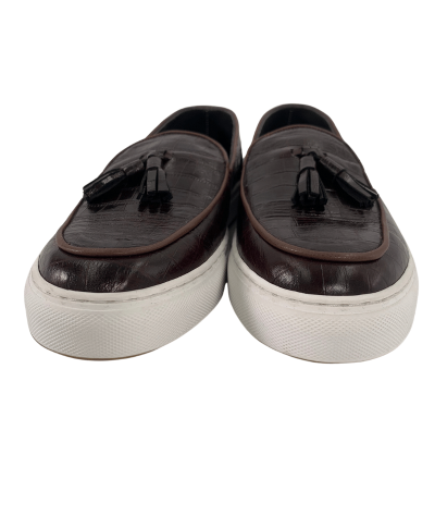 Brown croco textured leather sneakers with tassels.